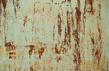 Background, texture metal surface with rust protruding through light paint