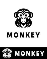 Vector illustration of a stylized monkey face logo in black and white in flat and minimalist style 