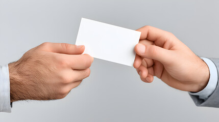 Two hands exchange a blank business card, a gesture of connection