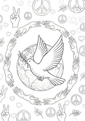 Dove of peace carrying an olive branch flying over the Earth surrounded by open hands, hearts, and peace symbols