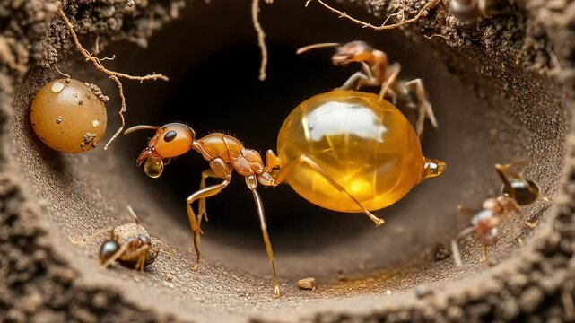 Honey ant carrying a large droplet of honey supported by another ant