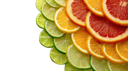 Vibrant arrangement of lime, lemon, orange, and grapefruit slices in a circular pattern, isolated on a white background.
