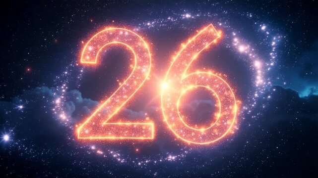 Sparkling numeral 26 glows bright against a starry night sky with dramatic clouds, perfect for celebrations.
