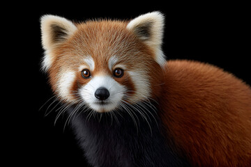 Enchanting Red Panda Portrait: A captivating headshot of a red panda, featuring its vibrant reddish-brown fur, round eyes, and distinctive features, set against a contrasting black background.