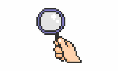 hand holding magnifying glass cartoon pixel illustration