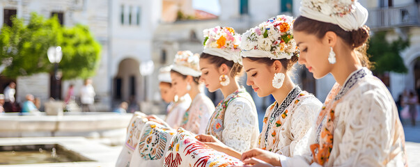 local craft community artisan, life and living culture concept. joyful moment of diverse local craft Women in traditional attire embroidering cultural symbol