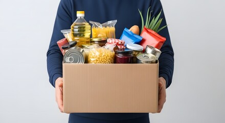 Person holding a box full of groceries and food items for donation