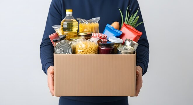 Person holding a box full of groceries and food items for donation