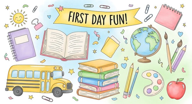 A colorful illustration of school supplies and a school bus with a first day fun banner