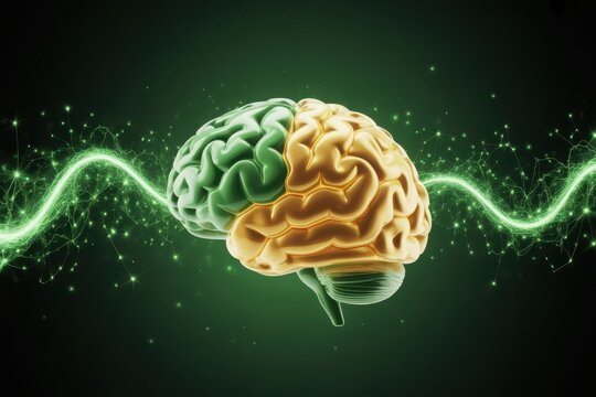Dynamic brain illustration sparks ideas with vibrant energy waves connecting to mind's potential for innovation and growth