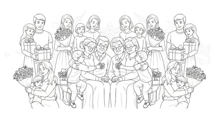 A beautifully rendered symmetrical line art illustration of a large multi-generational family celebrating together with love.
