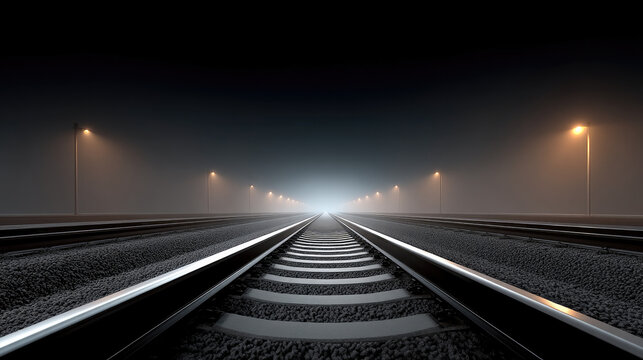 Railway track vanishing point night illuminated streetlight gravel steel symmetry perspective moody atmosphere