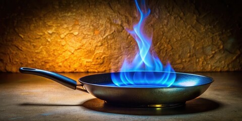 Mysterious Blue Flame Igniting a Dark Frying Pan on a Rough Textured Surface