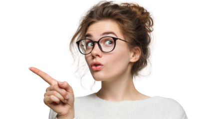 Young woman with glasses showing a thoughtful gesture, isolated on white background.