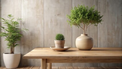 Serene Minimalist Home Decor Featuring Two Potted Plants on Wooden Table Against Neutral Wall