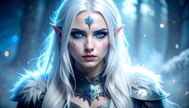 A striking portrait of a fair-skinned elf woman with vibrant blue eyes and long white hair, adorned in silver armor, set against a dark, mystical forest backdrop