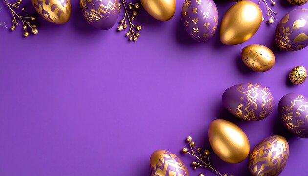 Purple background with decorative golden and purple eggs and branches