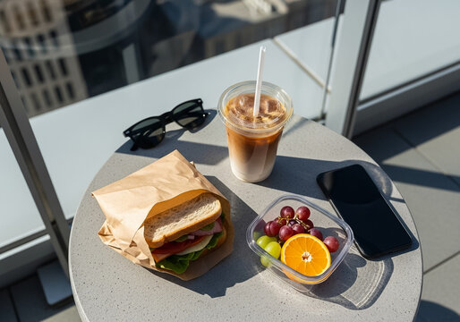 Rooftop Lunch with Sandwich, Fruit, and Iced Coffee