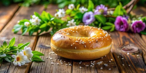 A freshly baked sesame seed bagel rests on a rustic wooden table, surrounded by a vibrant arrangement of blooming flowers, creating a picturesque breakfast scene.