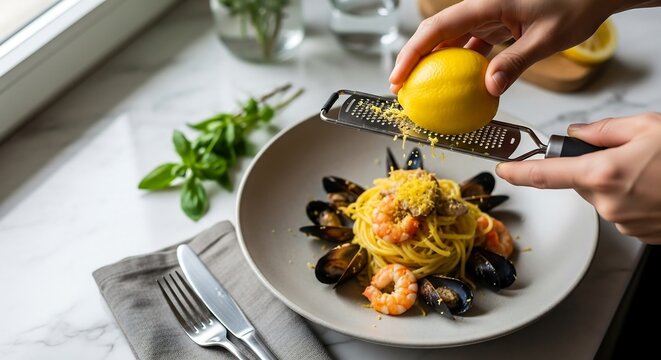 Cook zesting lemon over seafood pasta, ceramic plate and marble countertop, Mediterranean cuisine photo for recipe or food detail branding