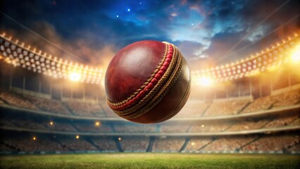 A leather cricket ball hangs suspended above a packed stadium under the glow of bright lights