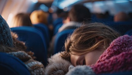 Fototapeta premium Airplane passenger asleep, blurred background