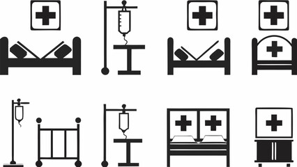 Illustration showcasing hospital beds, medical crosses, and iv drip stands in a graphic representation silhouette