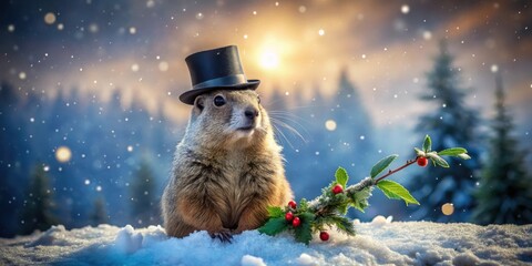 A dapper prairie dog, adorned with a top hat, sits amidst a winter wonderland, surrounded by glistening snow and a sprig of festive berries.
