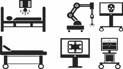 Depiction of medical technology and hospital equipment including beds, robots, and diagnostic screens silhouette