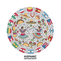 Colorful Line Art Hispanic Heritage Month Celebration with Flags and Traditional Elements