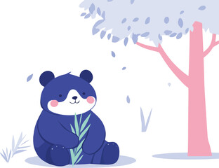 Cute Blue Panda Bear Sitting Under a Tree Holding Bamboo Leaves Vector Illustration Ideal for Childrens Books Greeting Cards and Nature-Themed Designs