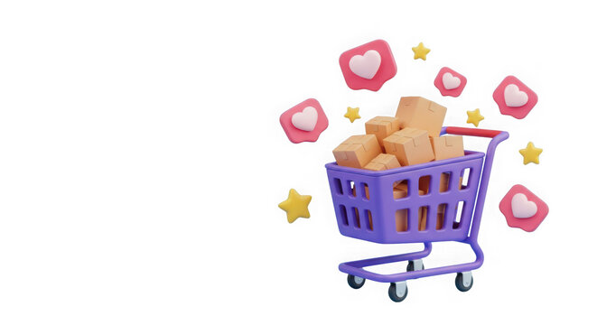 Ai generated image of purple shopping cart filled with packages, isolated on transparent background