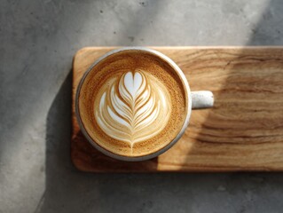 Latte art on a light beige mug, resting on a wooden board, against a light gray concrete background