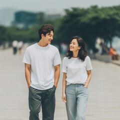 흰색 티셔츠와 청바지 패션의 연인