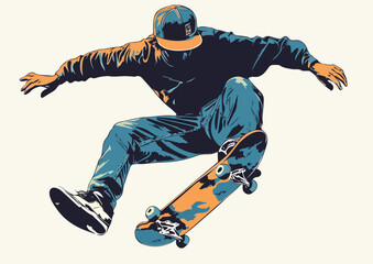 Obraz premium Stylish Teen Skateboarder Performing a Jump Trick Vector Illustration Ideal for Sports Apparel Skateboarding Magazine or Youth Culture Design