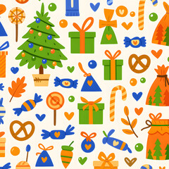Christmas Gift and Holiday Elements Seamless Pattern 