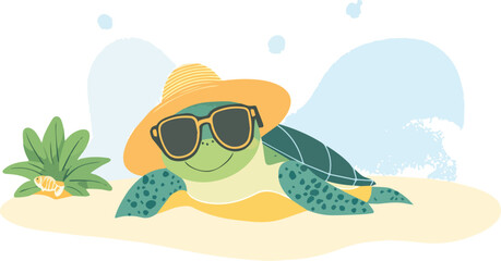 Cute Turtle Wearing Sunglasses and Hat Relaxing on Sandy Beach Vector Illustration Ideal for Summer Vacation Designs