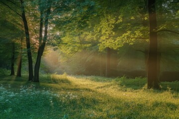 Naklejka premium Sunbeams pierce lush green forest canopy, illuminating a tranquil meadow with golden morning light.