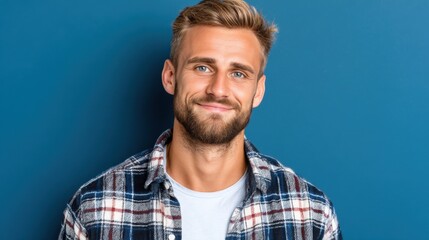 Smiling man with a beard and casual plaid shirt standing against a solid blue background