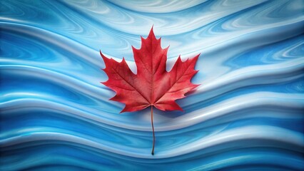 A single vibrant red autumn leaf rests gently upon a flowing, cool blue abstract background, creating a striking contrast of color and texture.