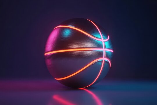 Futuristic glowing basketball with neon lights in a dark, sleek environment, perfect for sports or tech themes - Powered by Adobe