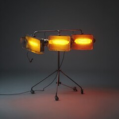 Three amber-toned studio lights on a tripod stand