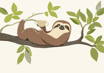 Cute smiling sloth lying on tree branch and drinking tea or coffee from cup vector illustration isolated on light background concept for childrens book poster © Hoody Baba