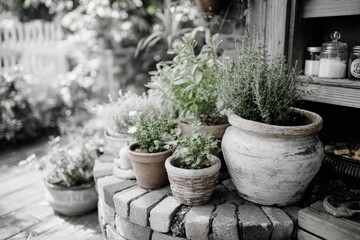 Obraz premium Tranquil Garden Scene Featuring Various Potted Herbs and Greenery on Stone Steps with Soft Natural Light Creating a Calm and Inviting Atmosphere