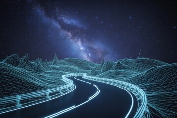 Journey into the digital unknown, a futuristic wireframe road curves under a vibrant Milky Way sky, symbolizing innovation and exploration
