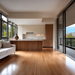 Fototapeta premium Modern living room with open kitchen, wood floor, large windows, balcony, and city view, natural light creates warm atmosphere
