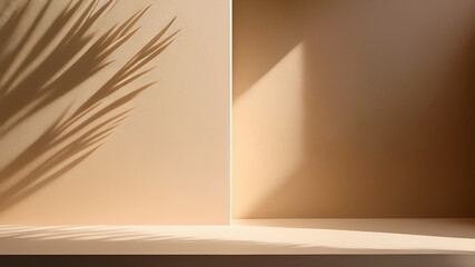 Artistic palm shadow on clean cream-colored wall. Soft natural lighting and minimal tone.