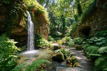 Fototapeta premium Tranquil Forest Waterfall Surrounded by Lush Greenery, Ferns, and Natural Rock Formations in a Serene Outdoor Setting on a Bright Sunny Day