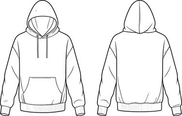 Blank hoodie template front and back view, unisex hooded sweatshirt mockup, apparel design template, fashion sketch, clothing vector layout