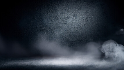 Moody fog drifting over dark blue-gray grunge wall texture. Ideal for cinematic design.